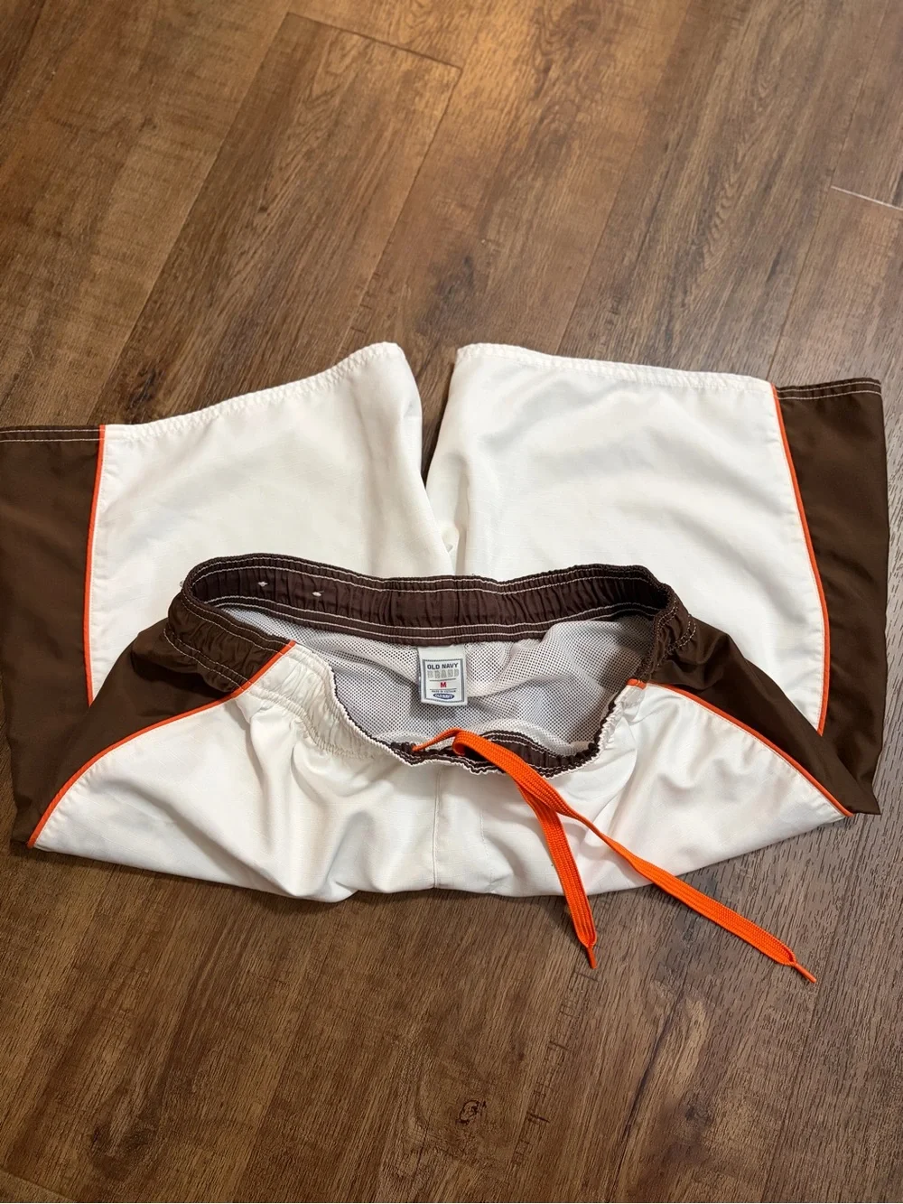 Old Navy White Swim Trunks with Brown Panels and Orange Trim
